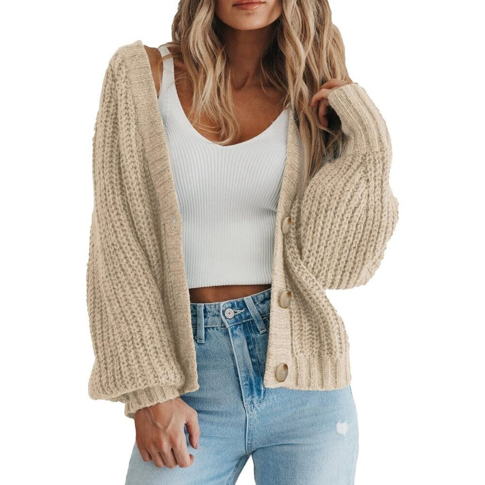 Women's Chunky Knit Open Front Sweater Long Sleeve Button Loose Short Cardigan O